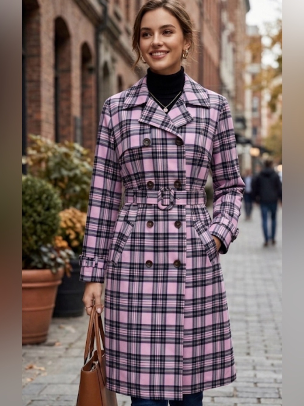 Pink Plaid Double-Breasted Trench Coat